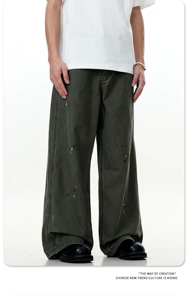 Men's Clothing Retro Ink Splashed Design Jeans Trendy Loose Straight Wide Leg Trousers_voghion.com