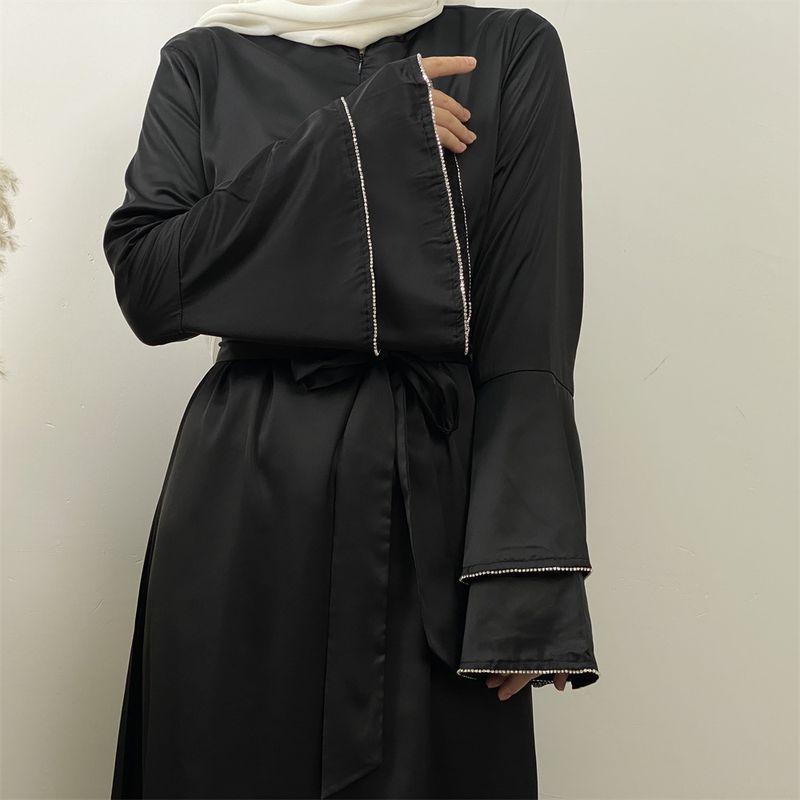 Yeni Saten Müslüman Kadın Elbisesi Çift Çan Kollu Abaya Lüks Dubai Elmas Uzun Elbise Etek Ucu Eklemeli Kaftan Faslı Kadın Zarif_voghion.com