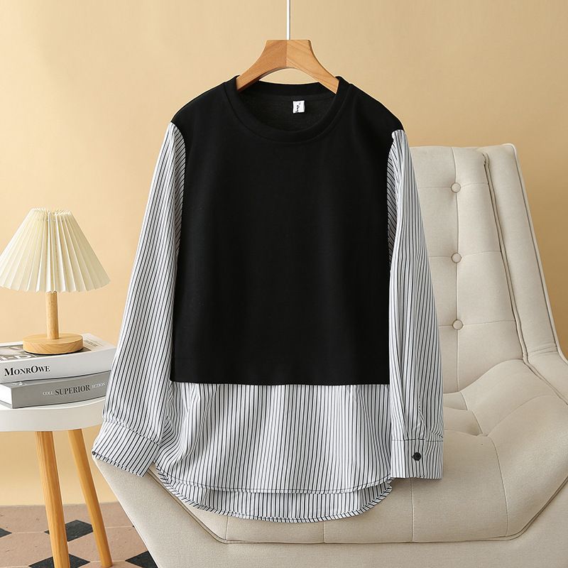 Women's Clothing Plus Size Clothes Long Sleeve Pullover – Striped Stitching & Loose Fit (XL-4XL, Black/Pink) – Comfortable Autumn Tunic Top_voghion.com