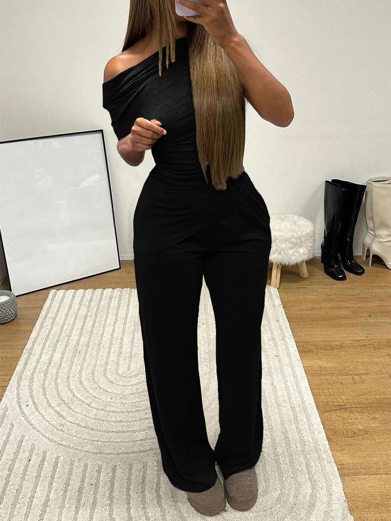 Minimalist Elegance Women's Short Sleeve Pants Set – Wrinkle-Resistant Knit, Polyester-Spandex Blend (S-XL, Burgundy/Black/Camel/Green, Summer)_voghion.com