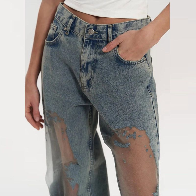 Pantaloni dritti retrò da ragazza hot, pantaloni larghi a gamba larga con design a nicchia e trama cava da donna_voghion.com