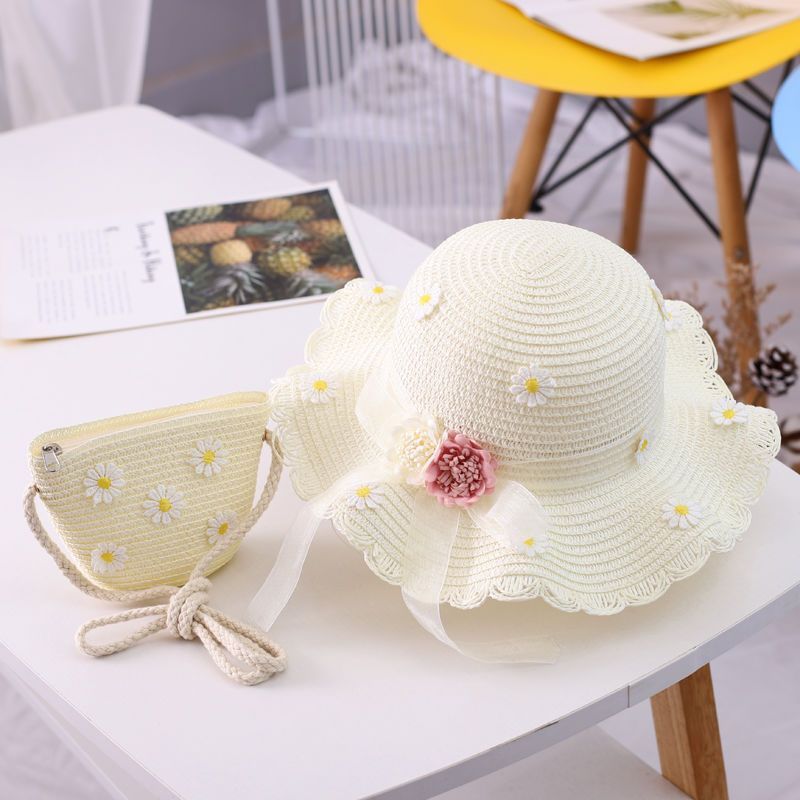 Vendita calda ragazze cappello di paglia per bambini estate spiaggia cappelli pieghevoli set carino berretto floscio misura regolabile con cinturino sotto il mento per 5-10 anni_voghion.com