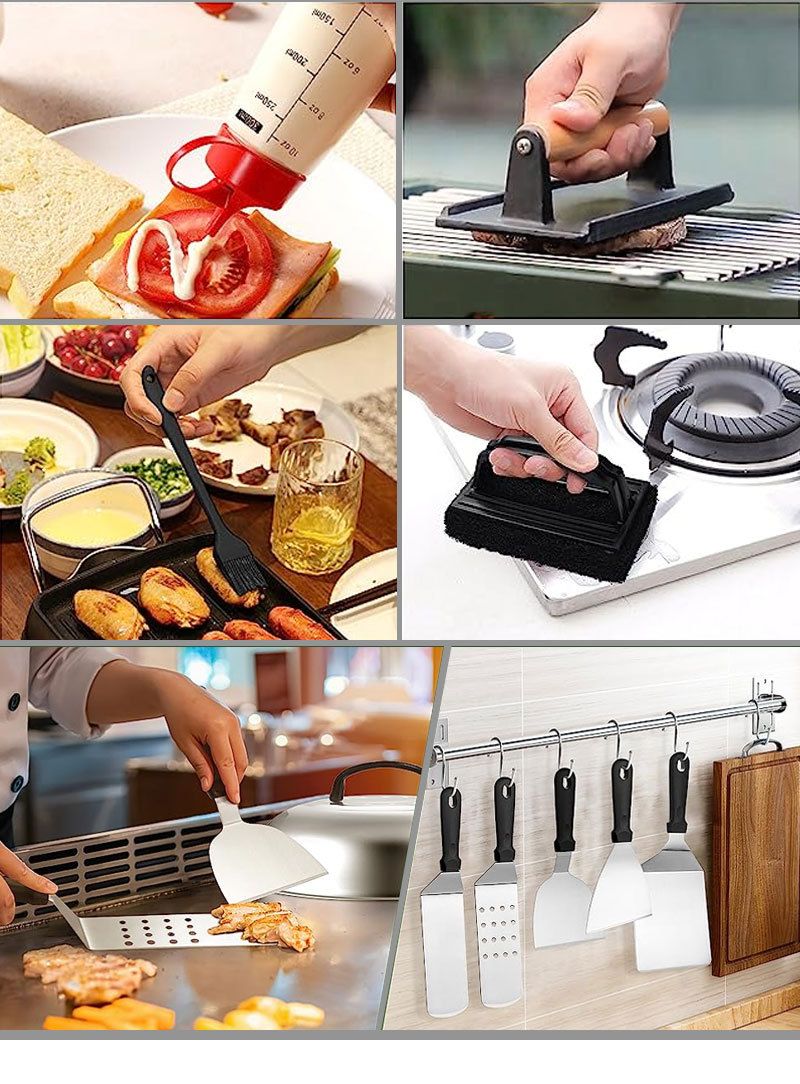 Edelstahl Grillgeschir Suit 17-Stéck Outdoor Teppanyaki Tools Grill Kombinatioun Bakgeschir_voghion.com