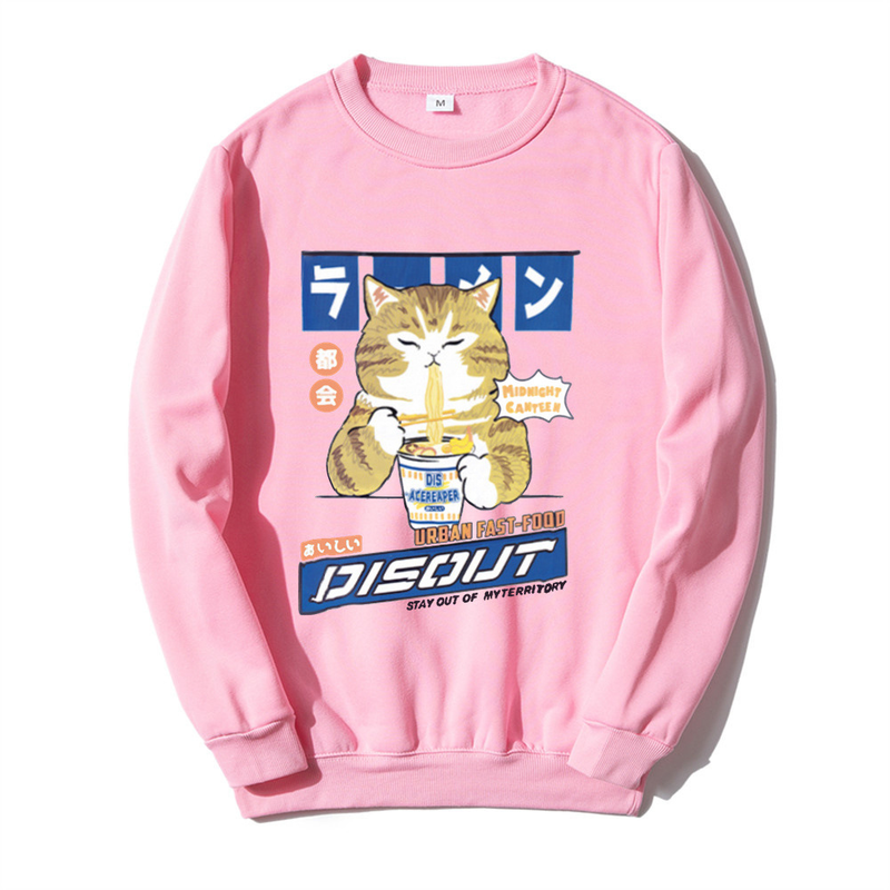 Herbst und Winter Neuer Katzen-Cartoon-Print-Rundhalspullover für Männer und Frauen mit weißem Boden, lässigem Fleece_voghion.com