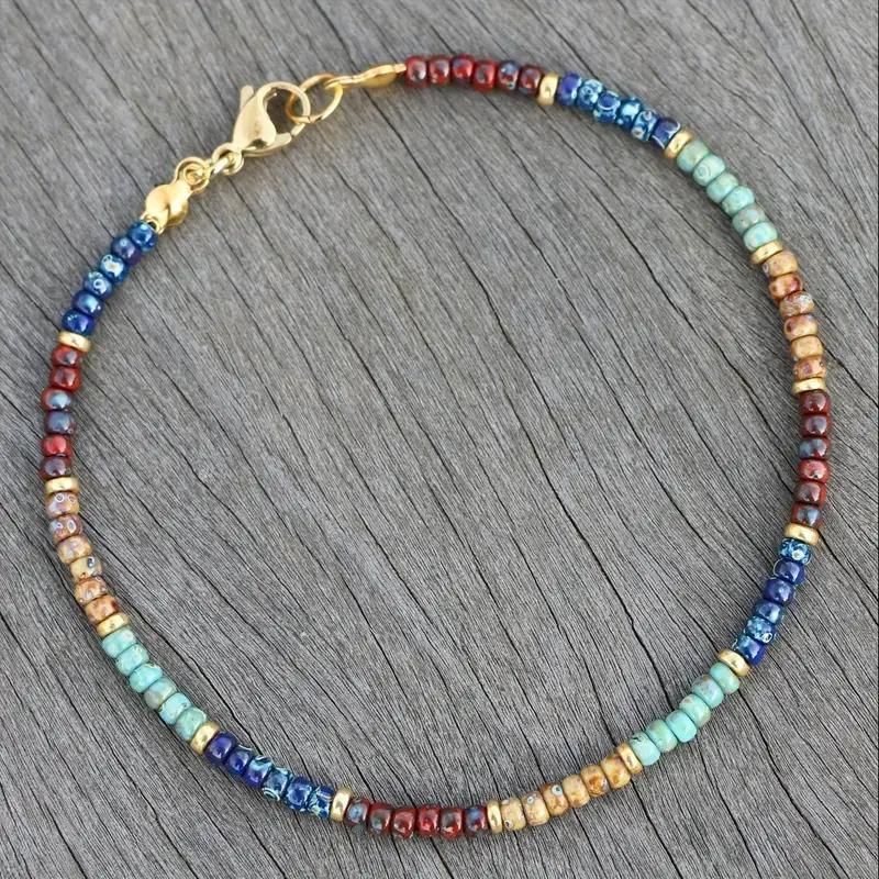 Bohemian Vacation Pattern Stone Beaded Metal Mixed Anklet For Women Beach_voghion.com