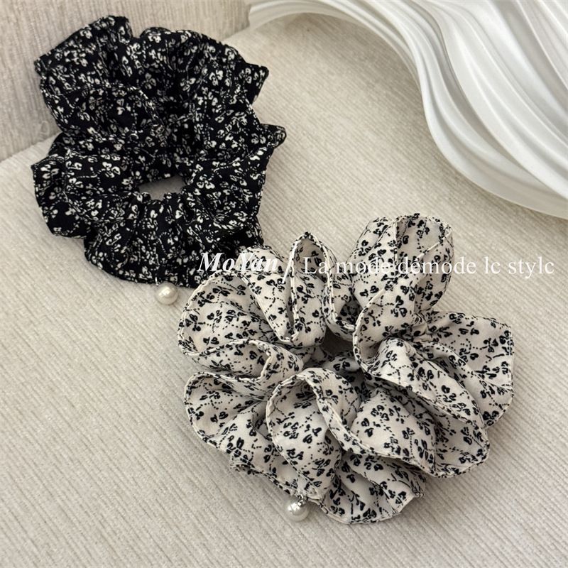 Versione coreana del nuovo piccolo tessuto floreale per intestino crasso, fascia per capelli versatile, coda di cavallo, corda per capelli retrò appesa con perle, fascia per capelli con testa Flo_voghion.com