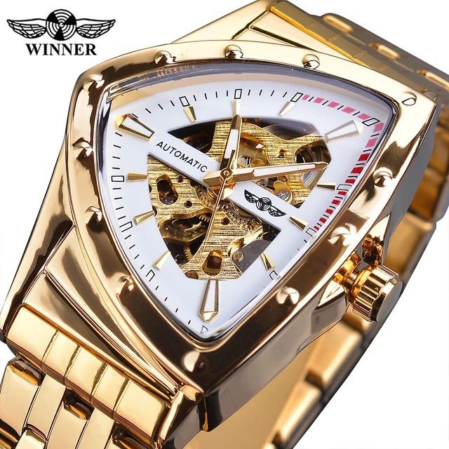 Relógio mecânico automático triangular esqueleto masculino moderno - Pulseira de aço inoxidável, cristal mineral, várias opções de cores_voghion.com