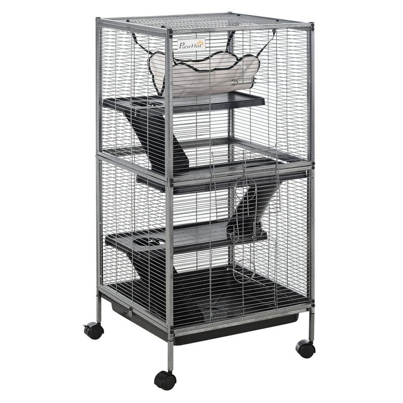 PawHut Large Metal Small Animal Cage With Hammock 4 Tiers & Removable Tray Gray Extra Space For Ferrets Chinchillas_voghion.com