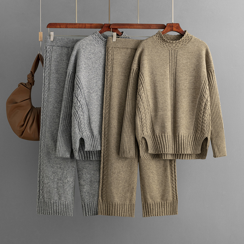Women's fashion casual knit suit pants loose sweater wide leg trousers long pants two-piece set_voghion.com