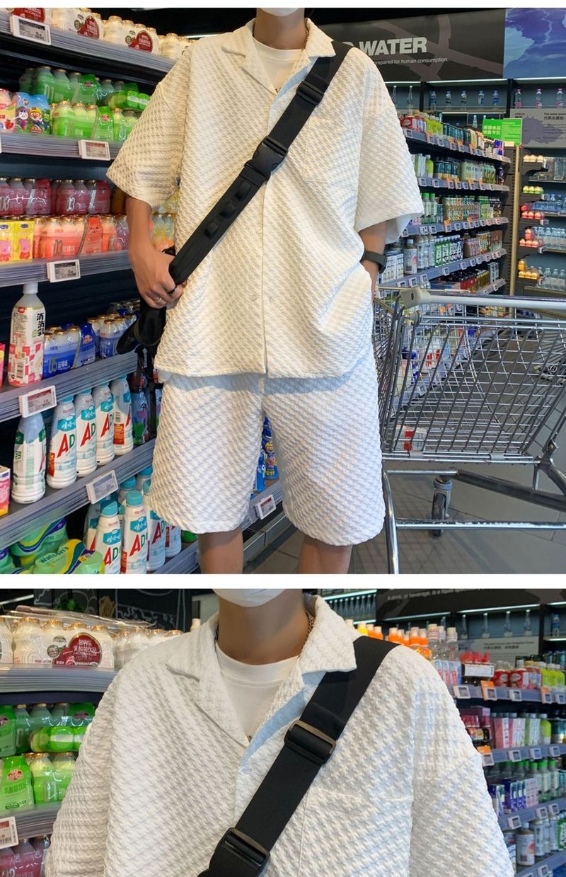 Summer Lightweight Casual Sports Men's White Short Sleeve Shirt Straight Waffle Shorts Set_voghion.com