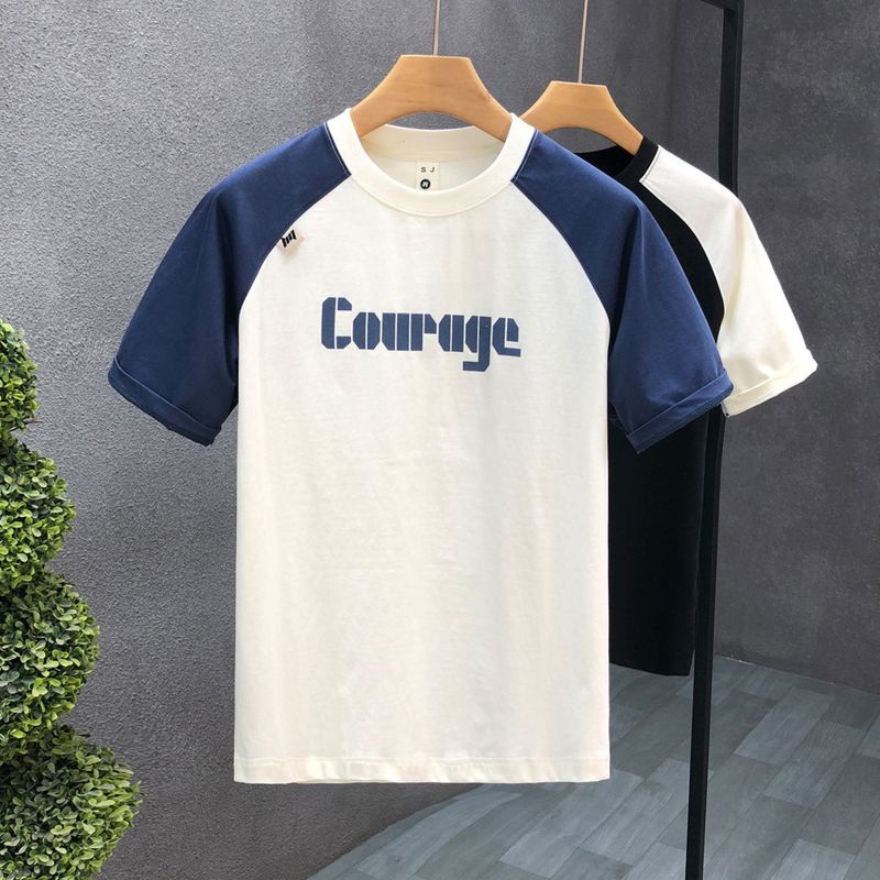 American Style Short Sleeved Men's 2025 New Summer Pure Cotton With Patchwork Shoulder Sleeves,_voghion.com