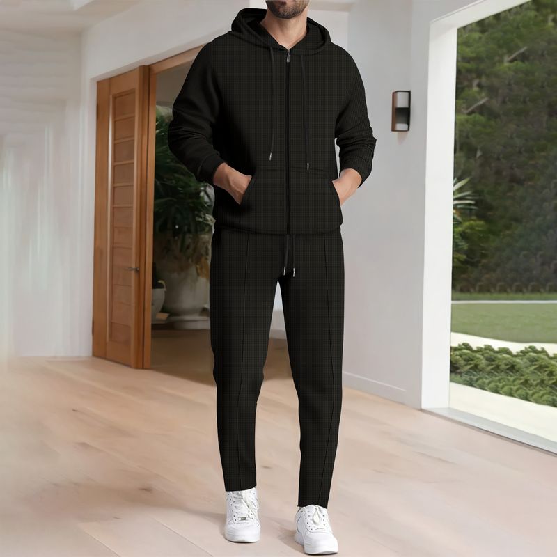Herenkleding Wafelgebreide hoodie en joggingset - Fleece trainingspak met rits voor de winter, casual loungewear (zwart/grijs/kaki) - S-XXXL_voghion.com