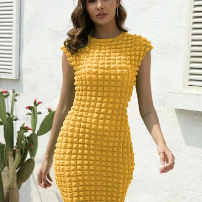 Abito senza maniche in tessuto elasticizzato a bolle di popcorn alla moda da donna_voghion.com