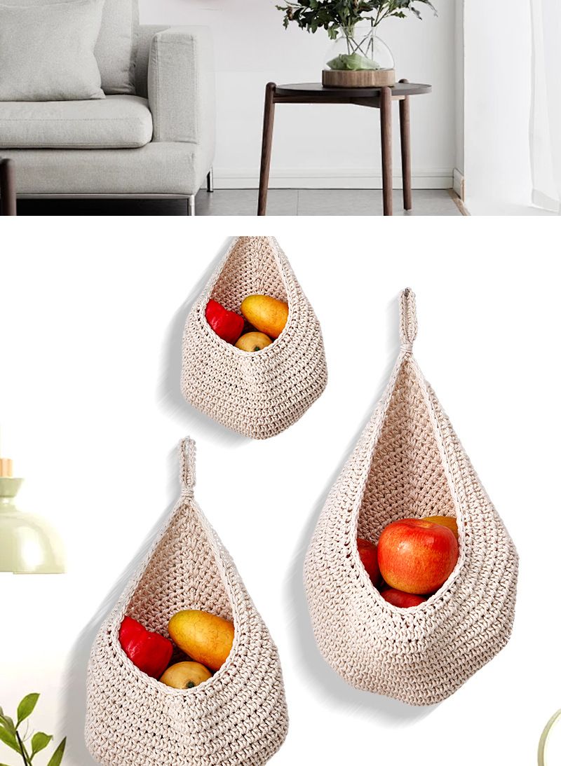 Wall-Mounted Vegetable Storage Fruit Basket Water Drop Bird's Nest Net Bag Handmade Cotton Rope Woven Wall Hanging_voghion.com