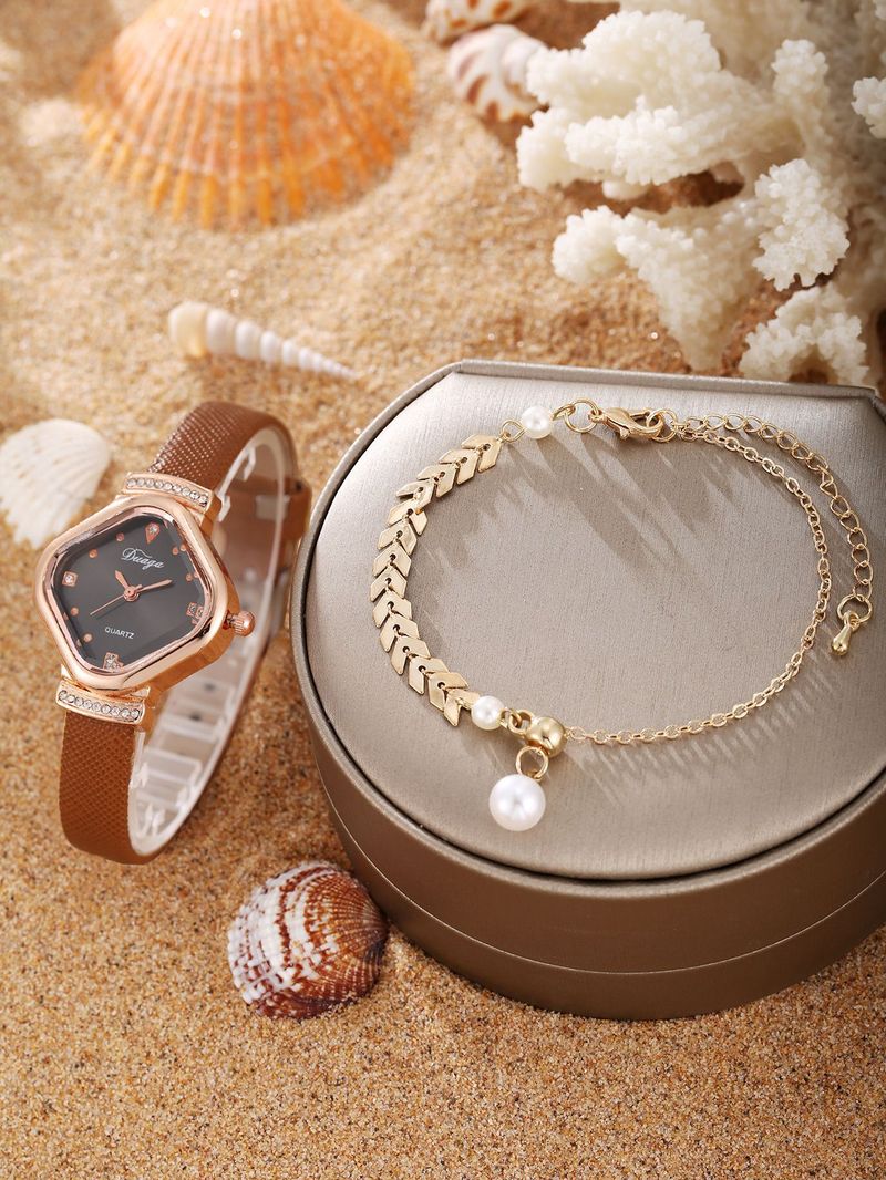 Damenuhr und Schmuckset, zartes süßes quadratisches Zifferblatt, Gürteluhr, Perlenarmband, Legierung, Schmetterlingsschmuckset_voghion.com