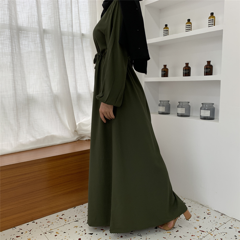 Roupas femininas nova moda muçulmana lapela cor sólida botão completo vestido fino saia longa_voghion.com