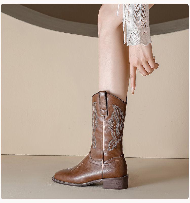 2024 Summer Western Cowboy Martin Fat mm Wide Long Sleeve Embroidery Large Size 41-43 Women's Knee High Boots_voghion.com
