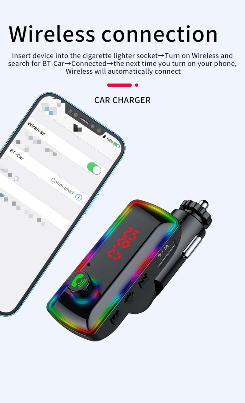 Nabíječka do auta Nabíječka mobilního telefonu Bluetooth handsfree volání Hlasová navigace USB port s funkcí nabíjení 3,1 A Barevné ambientní osvětlení FM vysílač_voghion.com