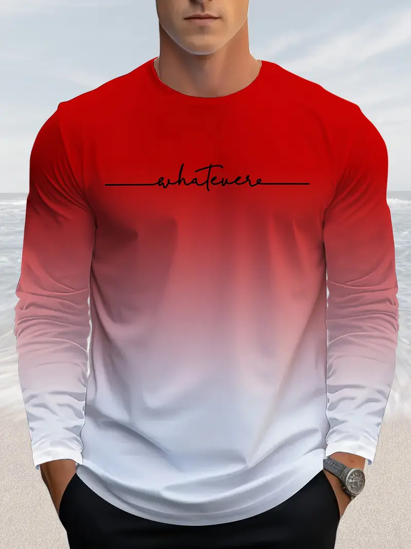 Maglietta a maniche lunghe da uomo con stampa di lettere sfumate divertenti, casual da lavoro, comoda, in cotone, alla moda, con scollo rotondo_voghion.com