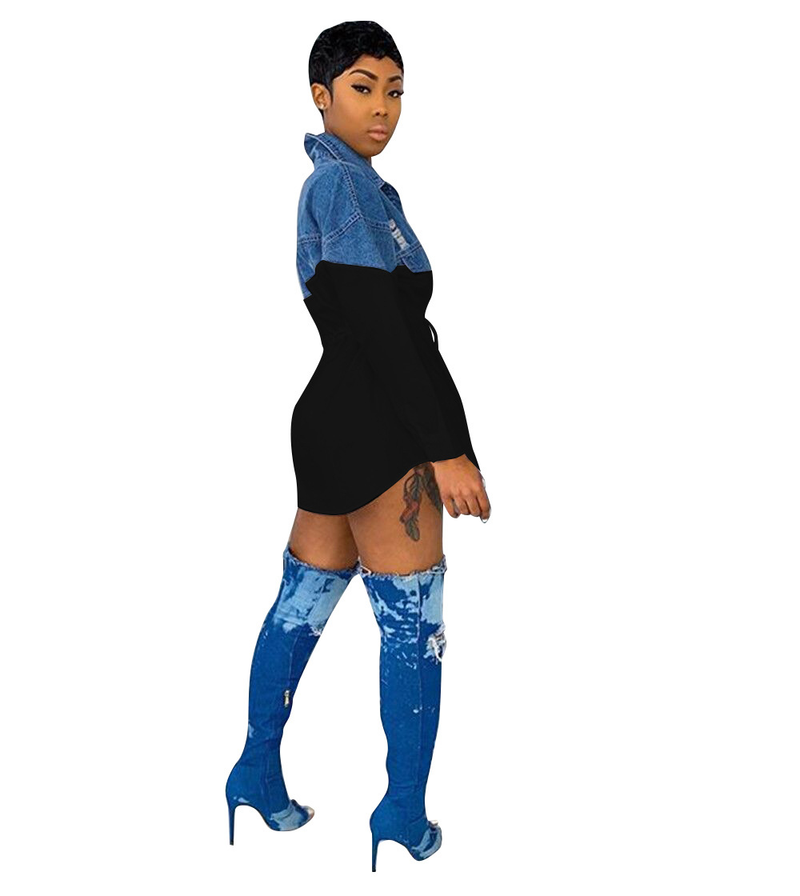 Moda femminile Camicia in denim alla moda con gonna slim fit allacciata_voghion.com