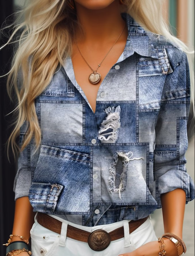 Neues Damen-Freizeithemd mit Denim-Imitat-Print für Damen_voghion.com