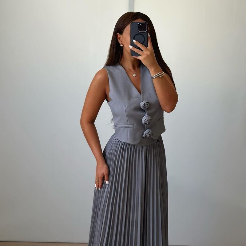 Damenbekleidung, neue Anzüge für Damen, Sommer, ärmellose Weste, halblanger, plissierter langer Rock, zweiteiliger Anzug_voghion.com