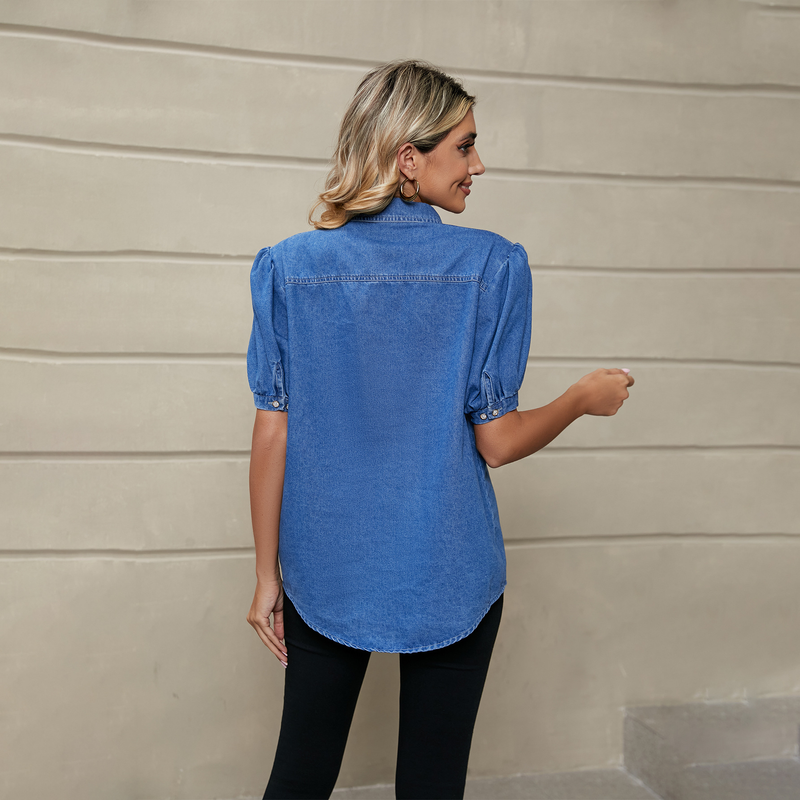 Versatile top casual da donna in denim sottile con colletto a risvolto e manica da principessa_voghion.com