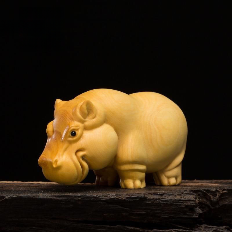 Boxwood Three Treasures Rhino Hippo Elephant Handheld Piece Handmade Carving Home Desk Ornament_voghion.com