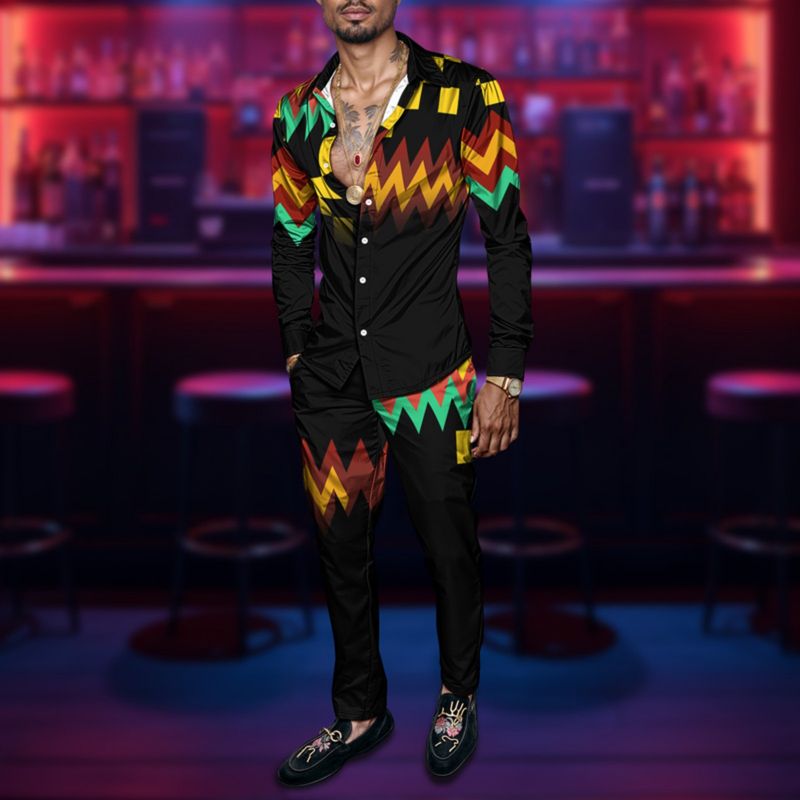 2025 Spring Summer Men Shirt Set Geometry Print Fashion Simple Two Piece Set Mens Gradient Lightweight Party Long Sleeves Suit_voghion.com