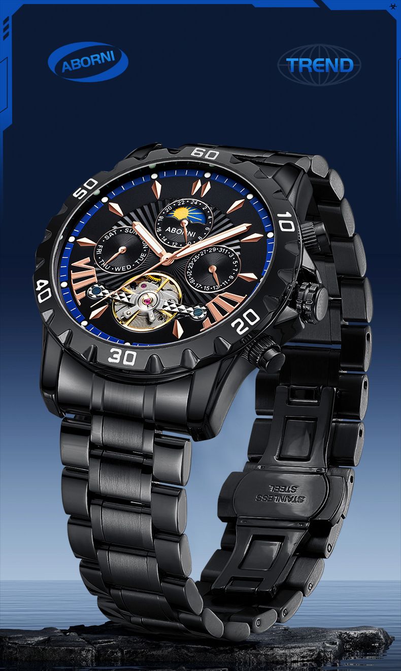 Montre mécanique automatique pour homme avec date et aiguilles lumineuses, montre-bracelet étanche en acier inoxydable pour un style décontracté. Montre étanche pour homme_voghion.com