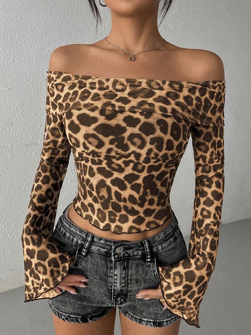 Damenbekleidung Neue Sexy One-Shoulder Langarm-T-Shirt Leopardenmuster Mesh Top Sexy Hot Girl_voghion.com