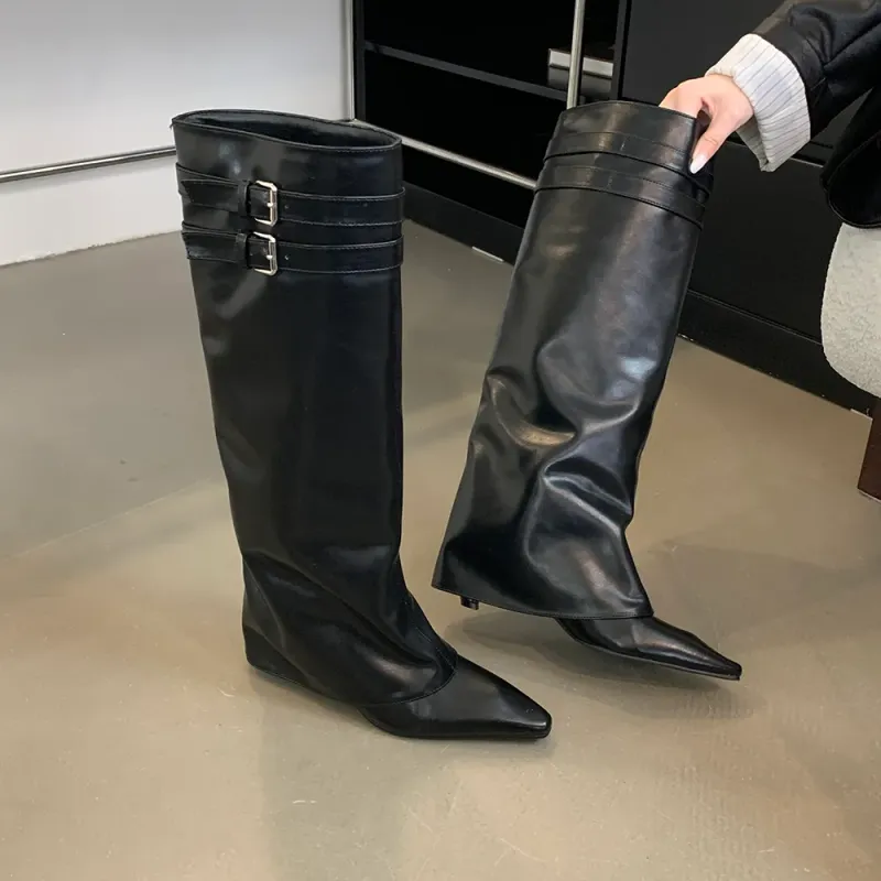 Spitzschuh Damen Winterstiefel Keil High Heels Gürtelschnalle Schwarz Braun PU Leder Botas Fashion Abendschuhe Frau 39_voghion.com