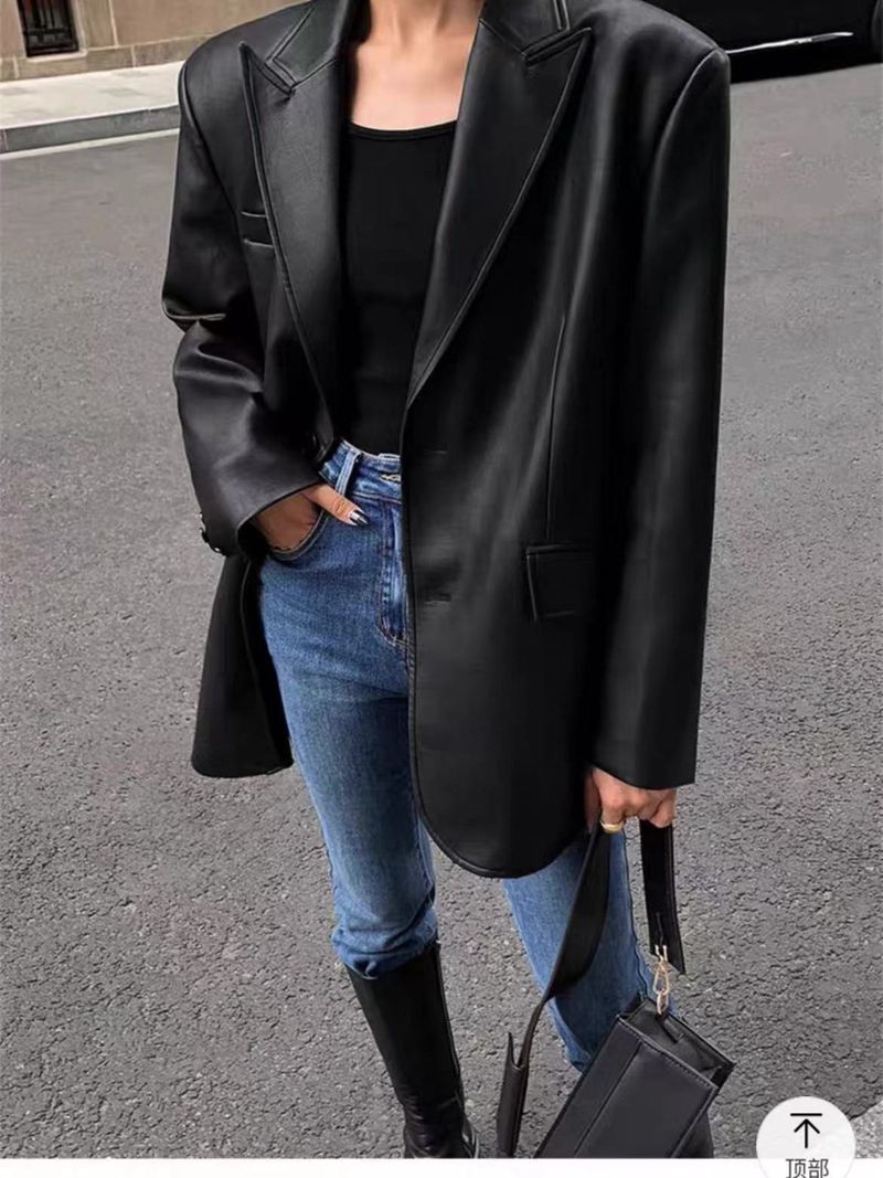 Giacca in pelle da donna di marca europea e americana alla moda, giacca da abito autunnale e invernale in pelle PU con texture avanzata_voghion.com