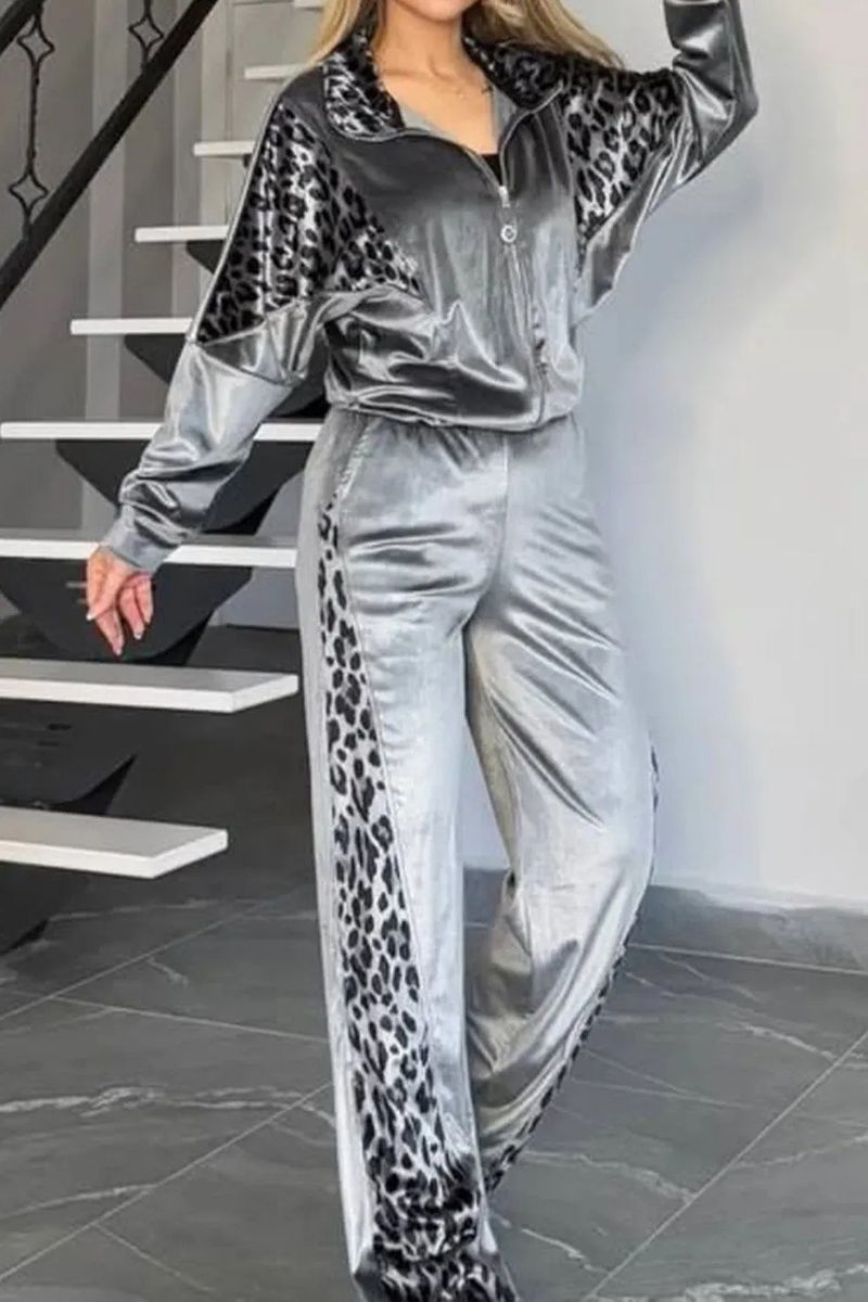 Dameskleding Luipaardprint Contrastbroek Lange mouwen Thuiskleding Pak_voghion.com