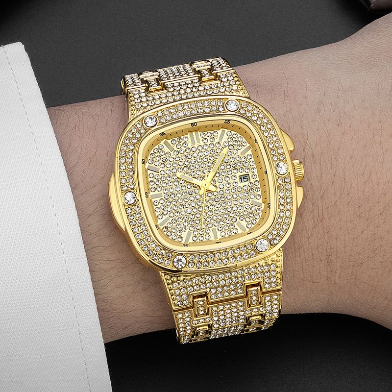 Rap Hip Hop Gold Luminous Square Full Diamond Men's Watch_voghion.com