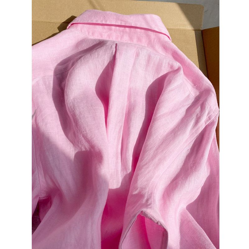 Camicia da donna in cotone e lino a maniche lunghe, stile boyfriend, rosa Ramie_voghion.com