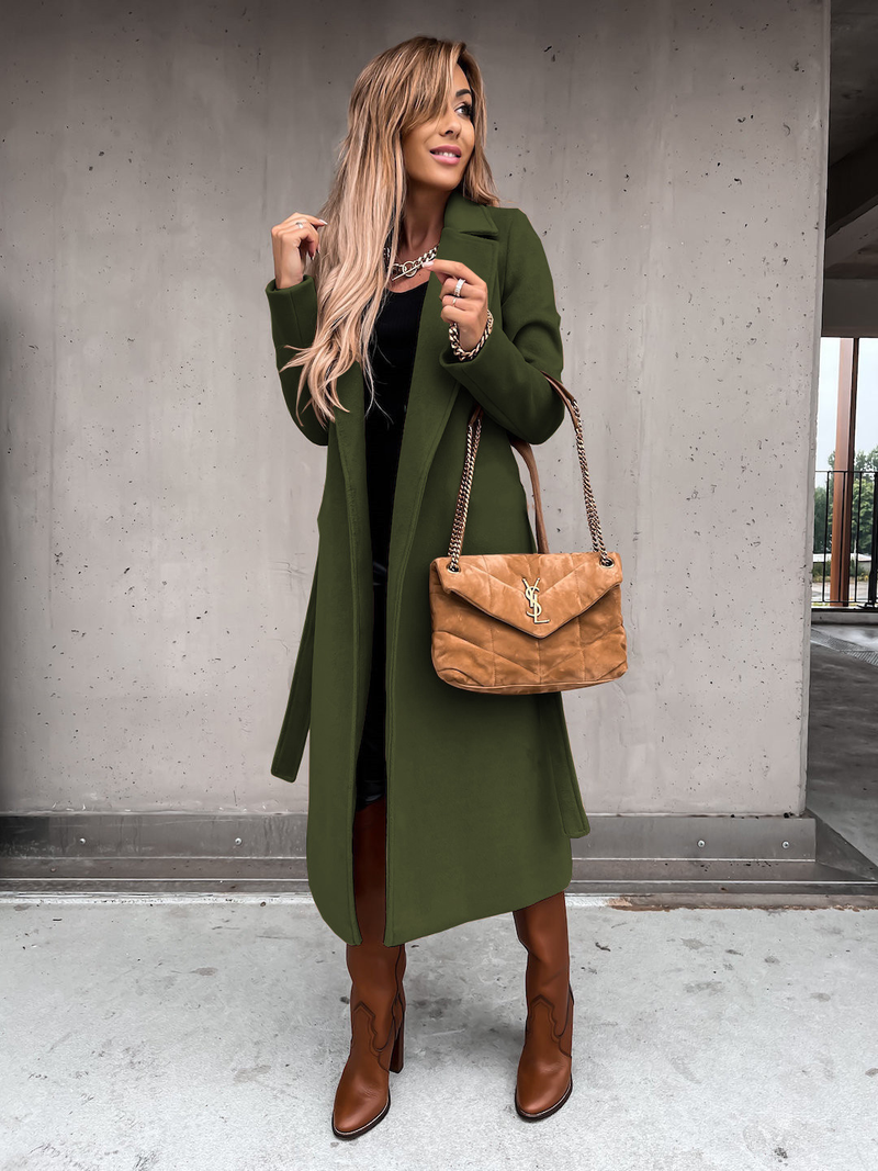 Damen-Trenchcoat aus Wolle mit einfarbigem Revers und langen Ärmeln und schlichter Schnürung_voghion.com