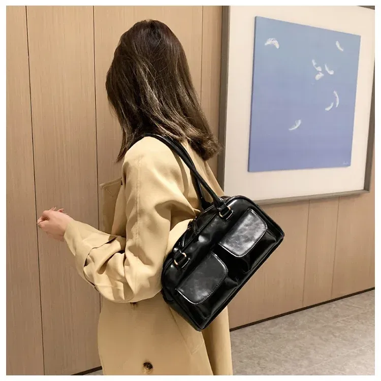 Borsa a tracolla da donna rossa retrò, in pelle verniciata, multitasche, da donna, a tracolla, sottobraccio, tote bag_voghion.com