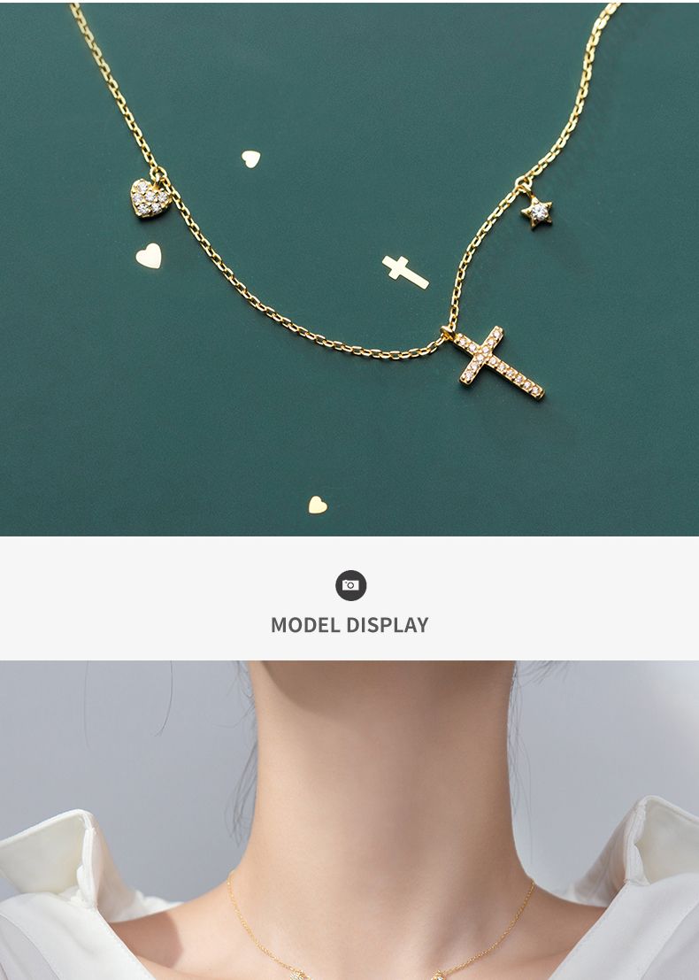Collana con ciondolo a forma di cuore con croce stellata in argento Sterling Modian per donna, catena color oro, stile coreano, gioielleria raffinata_voghion.com
