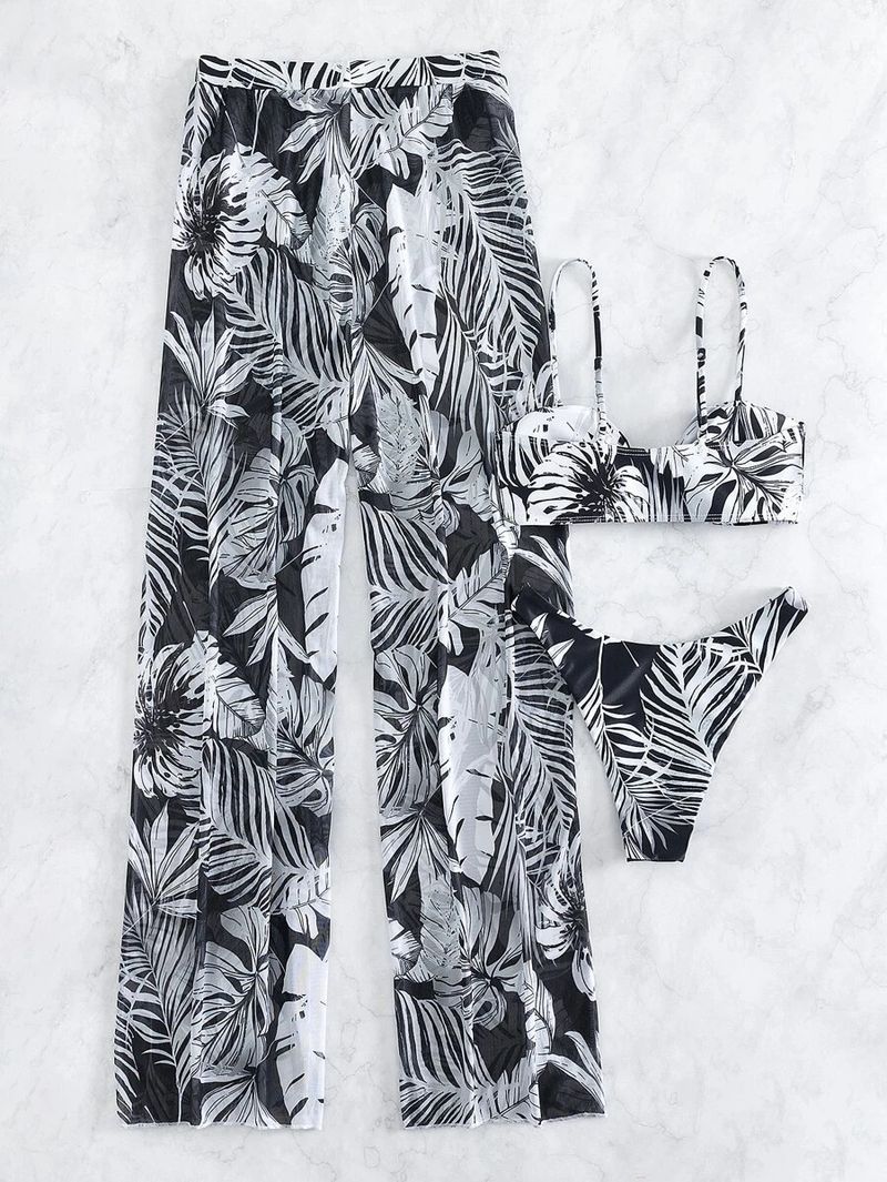 Badpakset met bloemenprint en open rug voor dames - 3-delige bikinitop en zwembroek met hoge taille - snel drogende polyester badkleding voor strand- en zwembadvakanties_voghion.com