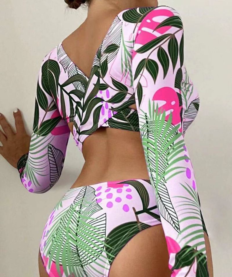 Maillot de bain une pièce multicolore, sexy et à la mode, cravate ronde, manches longues, imprimé, populaire, pour femmes_voghion.com