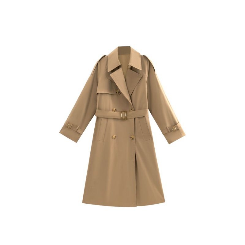 Live-Streaming-Influencerin: Britischer, zweireihiger, mittellanger Trenchcoat im gleichen Stil – figurschmeichelnd, elegant, High-End-Mode, lang_voghion.com