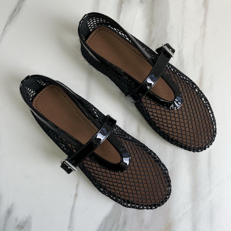 Al Unlabeled Gewebte Netzschuhe für Damen, Mary Jane Flats aus echtem Leder mit einem Riemen, Sommer-Clogs aus hohlem Netzgewebe_voghion.com