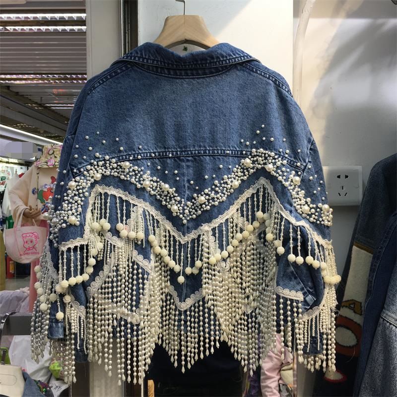 Damenbekleidung Heavy Duty Nagelperlen Quaste Jeansjacke Damen 2024 Frühjahr Neue lose Straße Strahlloch Trendy Top_voghion.com