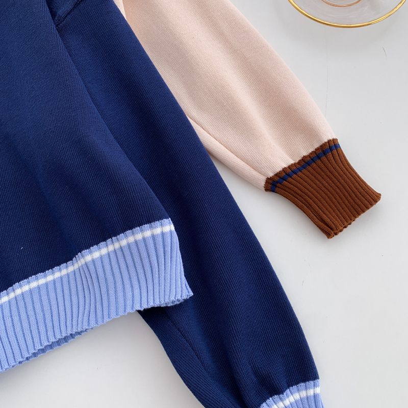Pull ample à col en V de style occidental pour femme au printemps et en automne, nouveau pull court en tricot à blocs de couleurs,_voghion.com
