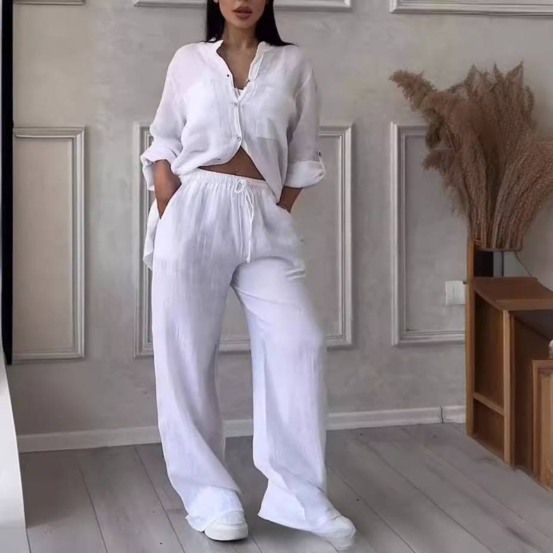 Set di pantaloni a gamba larga con coulisse e camicia casual in cotone e lino tinta unita_voghion.com