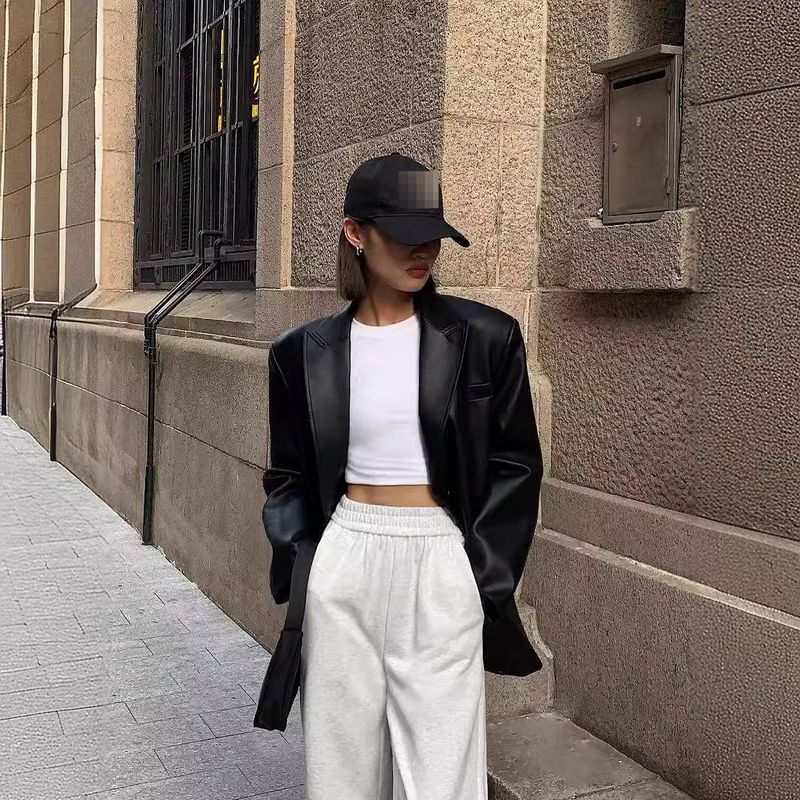 Giacca blazer in similpelle nera elegante da donna - Cappotto con revers oversize per ufficio e abbigliamento casual_voghion.com