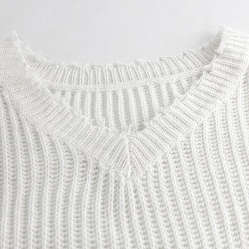 Übergroßer schulterfreier Pullover mit V-Ausschnitt – Langärmliges Strickoberteil für Damen (S-XL, Weiß & Color-Block)_voghion.com