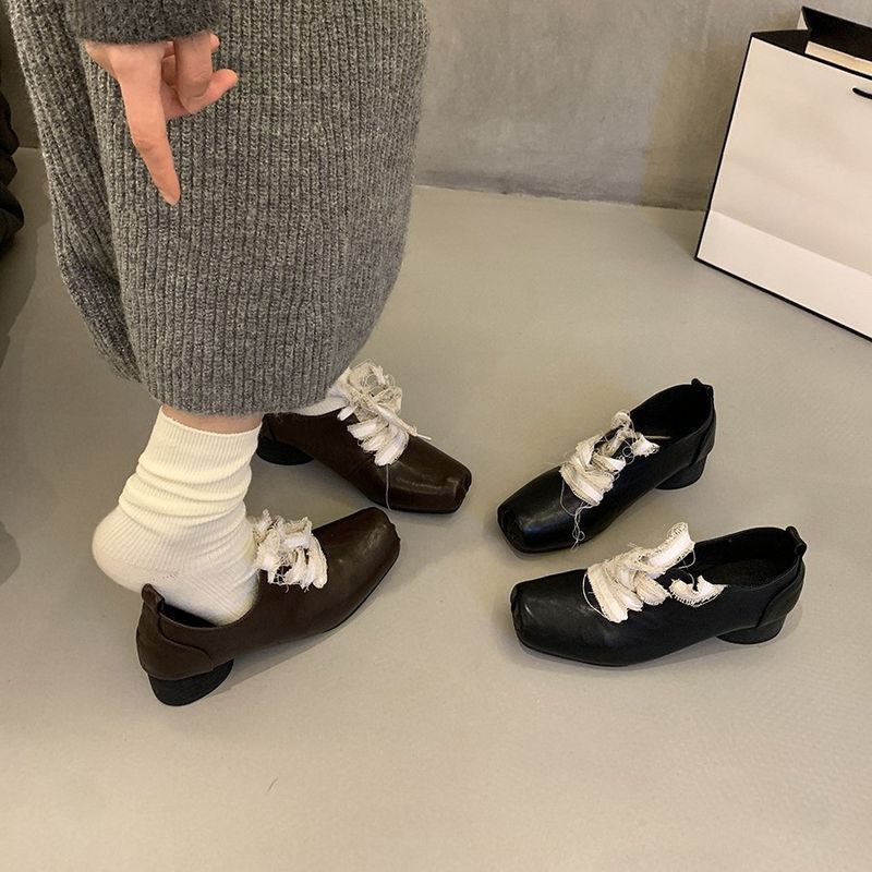 Square Toe Chunky Heel Brown Leather For Women New Autumn Winter New Lace-Up Korean Fashion High-End Single Shoes_voghion.com