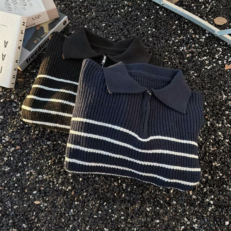 Men’s Oversized Knit Sweater – Retro Half-Zip Pullover With Shawl Collar_voghion.com